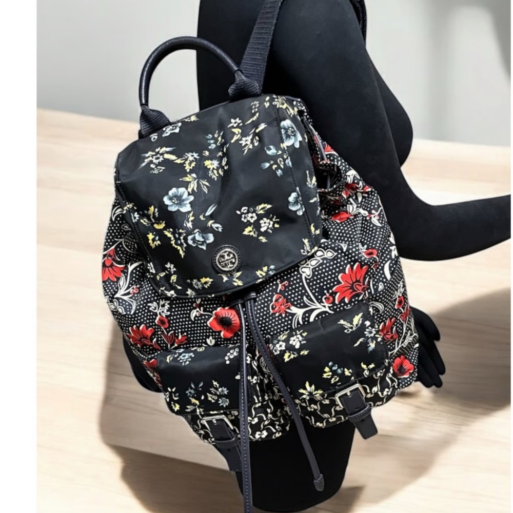 Tory Burch Black Floral Backpack